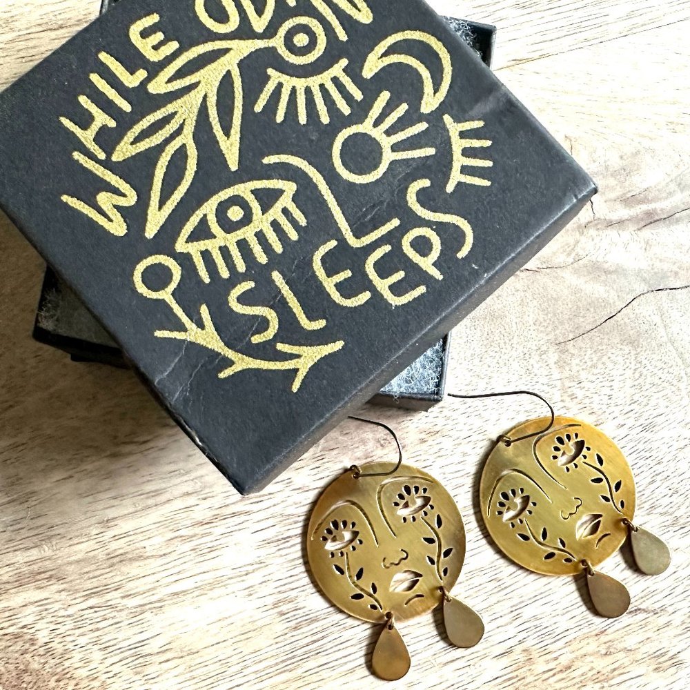 While Odin Sleeps Brass Sun or Moon Goddess Earrings NIB